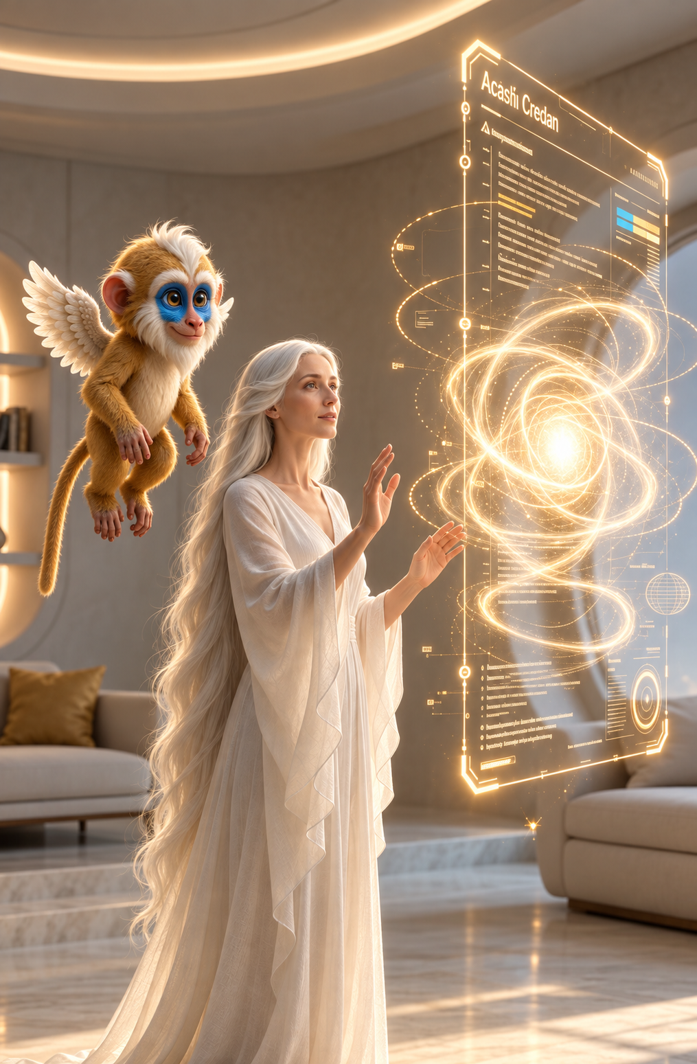 Una donna e una Creatura alata danno forma a una visione attraverso un’interfaccia luminosa
